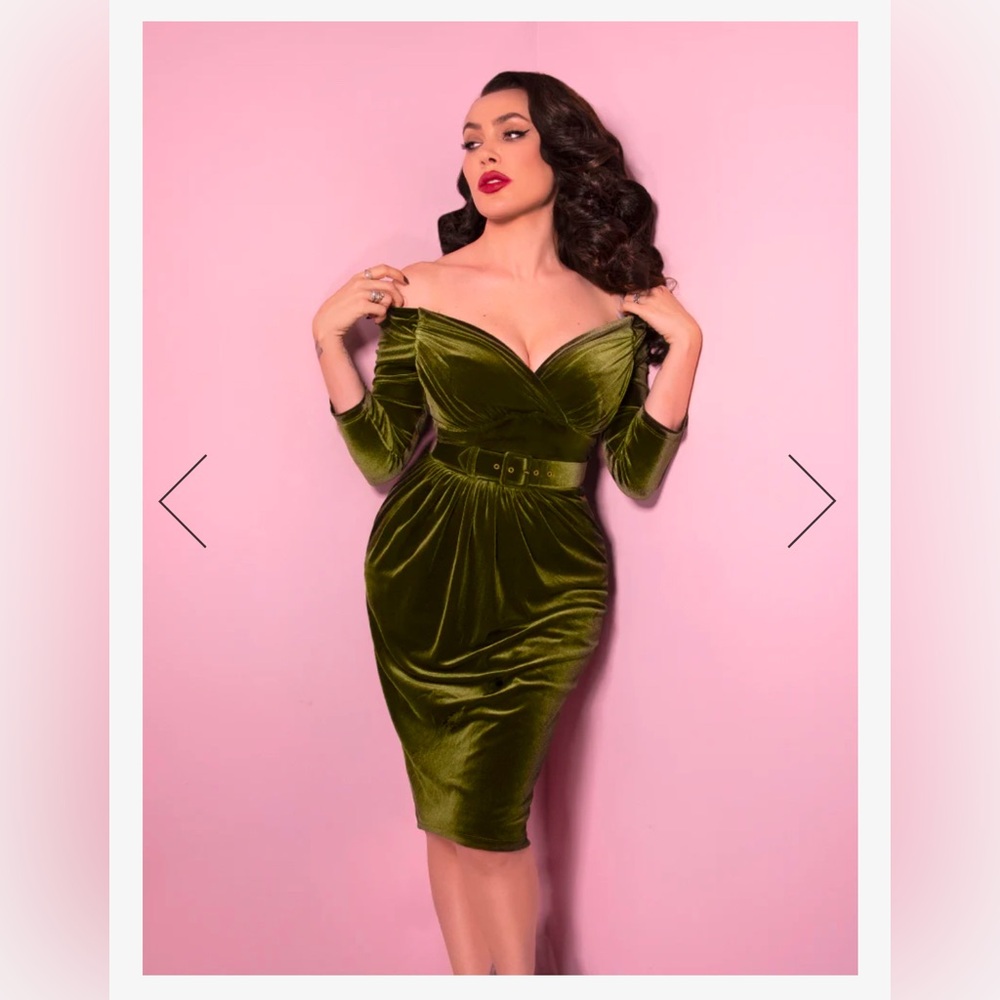 STARLET WIGGLE DRESS IN OLIVE GREEN VELVET - VIXEN BY MICHELINE PITT